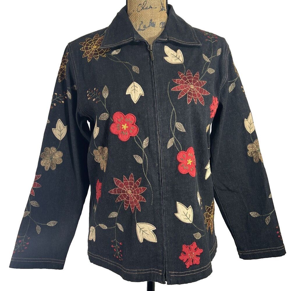 GRAFF Wear Jean Jacket Petite Small Embroider Fall Floral‎ Denim Coat